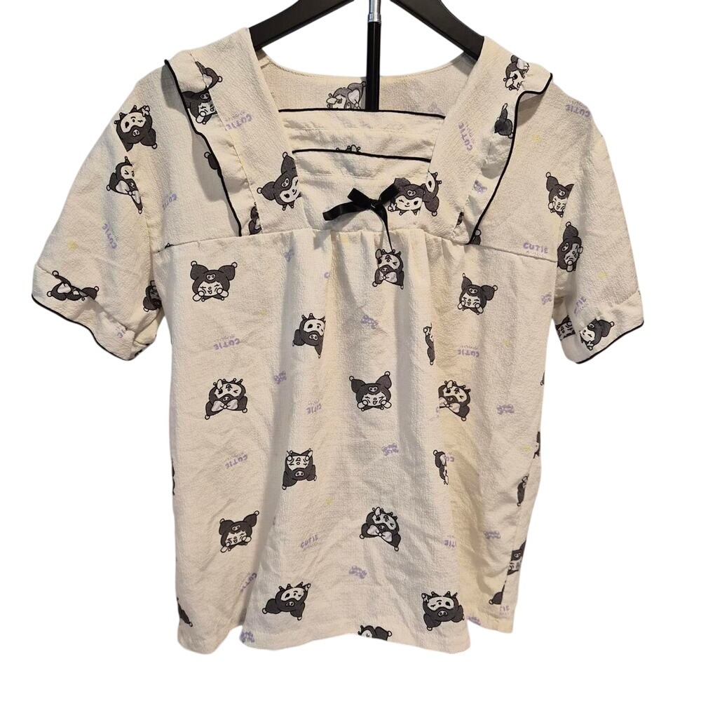 Sanrio Kuromi Cream Sailor Collar Seersucker Pajama Top Short Sleeve Bow Accent